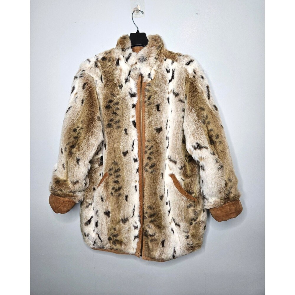 Vtg WINLIT Leather Faux Fur Jacket Womens Large Reversible Heavyweight High Neck